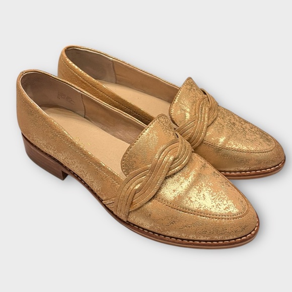 ANTHROPOLOGIE Lien do By Seychelles Braided Loafers Size 7.5 Metallic Gold & Tan - Picture 1 of 6